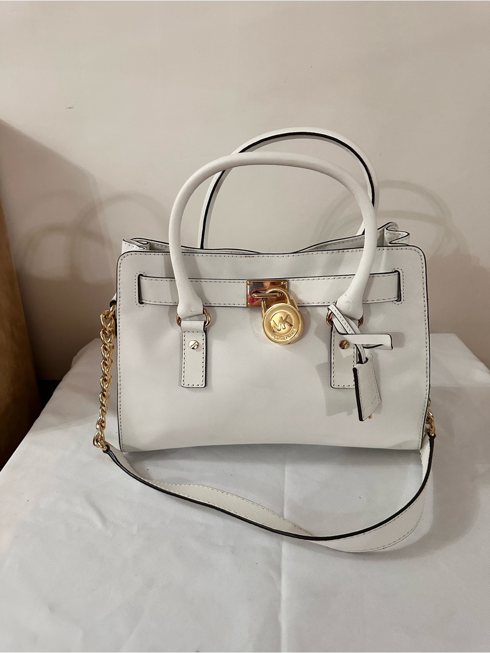 Michael Kors White Leather Satchel with Gold Lock